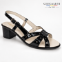sandale dama negre lacuite din piele naturala cu toc gros si barete perforate S6LN Ciucaleti